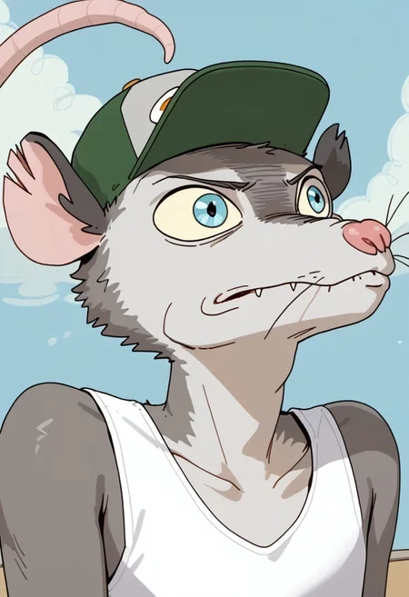 Score_9, score_9_up, solo, 1boy, furry, animal, oppossum, pink nose, blue eyes, grey fur, rat tail, opossum tail, animal ears, tank top, cap, green cap, shorts, socks, flip flops, sandals, wiskers, portrait, head close up, close shot, nigth sky, Expressiveh
