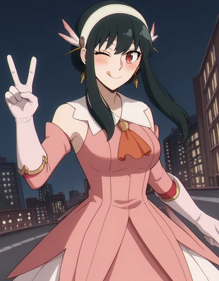 score_9, score_8_up, score_7_up, source_anime, yorbriar, <lora:yor-briar-s1-ponyxl-lora-nochekaiser:1>, yor briar, black hair, red eyes, earrings, white hairband, hairband, long hair, sidelocks, medium breasts,, <lora:prisma-illya-cosplay-ponyxl-lora-nochekaiser:1>, prismaillyacosplay, prisma illya \(cosplay\), dress, elbow gloves, feather hair ornament, feathers, frilled dress, frills, gloves, hair ornament, layered gloves, magical girl, orange ascot, pink dress, pink feathers, pink gloves, pink sleeves, white gloves,, cityscape, street, smile, blush, v, v over eye, one eye closed, tongue out,, cowboy shot, dutch angle, solo,
