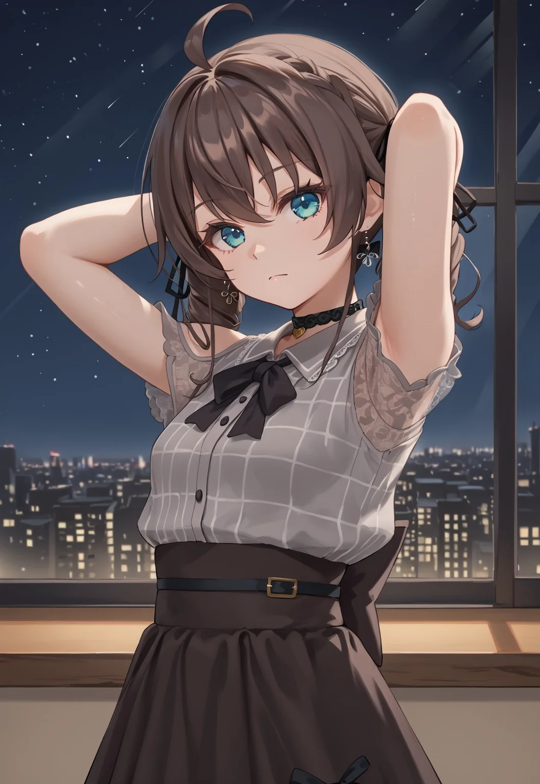 1girl, solo, solo focus, highres, absurdres, MatsuriMineGirl, brown hair, bangs, ahoge, twintails, black ribbon, hair between eyes, hair ribbon, flower earrings, blue eyes, medium hair, drill hair, braid,
small breasts, grey shirt, black choker, brown skirt, shoulder cutout, collared shirt, black bowtie, lace sleeves, plaid shirt, high-waist skirt, puffy short sleeves,
looking at viewer, expressionless, closed mouth, head tilt, arms up, from side,
indoor, cityscape, neon lights, window, dark, night, night sky,
light particles, backlighting, shade, light rays, lens flare, shiny skin, fine fabric emphasis,