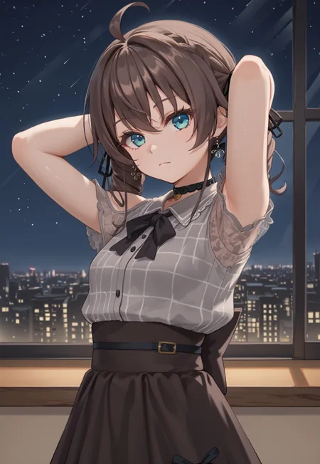 1girl, solo, solo focus, highres, absurdres, MatsuriMineGirl, brown hair, bangs, ahoge, twintails, black ribbon, hair between eyes, hair ribbon, flower earrings, blue eyes, medium hair, drill hair, braid,
small breasts, grey shirt, black choker, brown skirt, shoulder cutout, collared shirt, black bowtie, lace sleeves, plaid shirt, high-waist skirt, puffy short sleeves,
looking at viewer, expressionless, closed mouth, head tilt, arms up, from side,
indoor, cityscape, neon lights, window, dark, night, night sky,
light particles, backlighting, shade, light rays, lens flare, shiny skin, fine fabric emphasis,