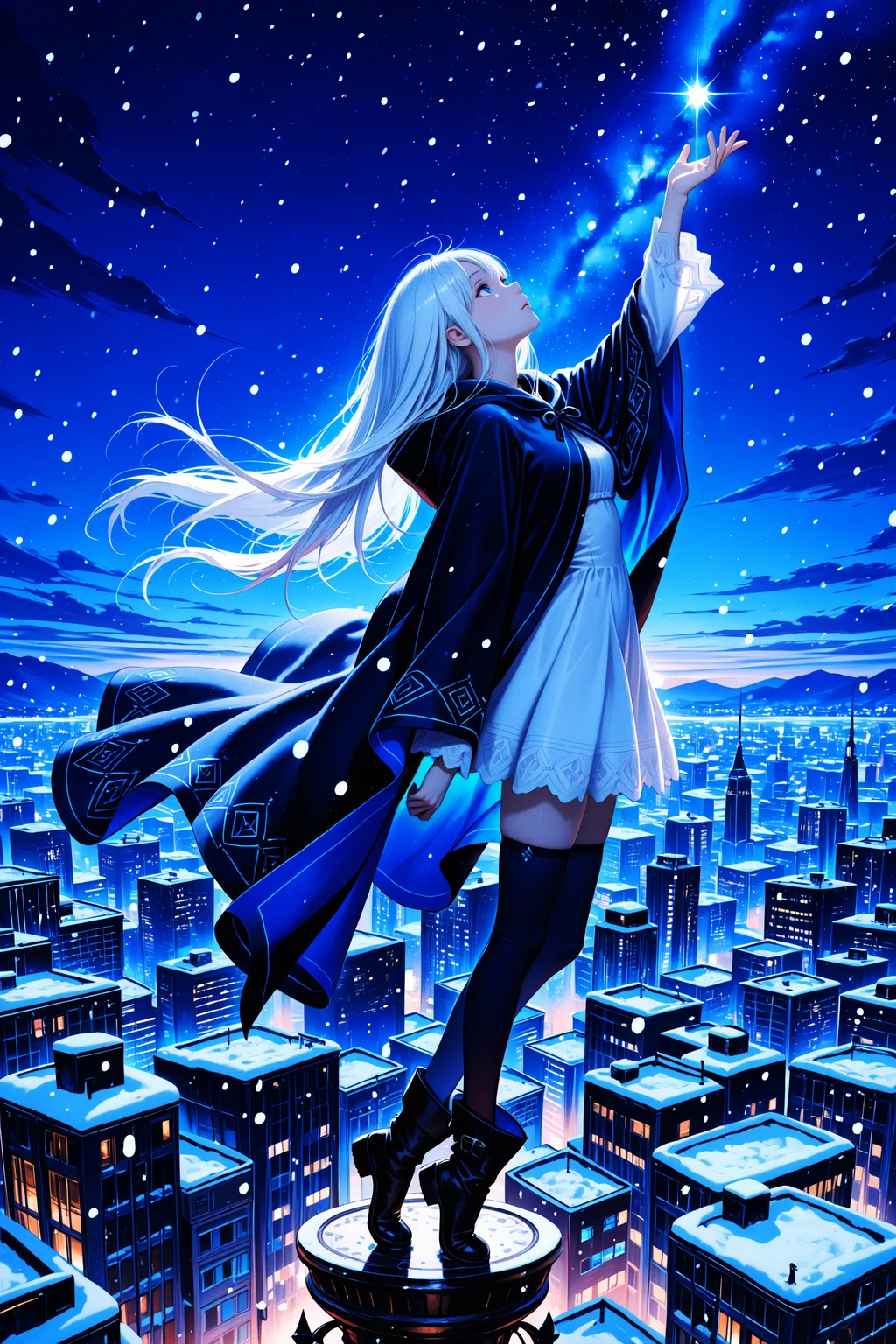 masterpiece, best quality, amazing quality, ultra-detailed, absurdres, highly detailed, cinematic lighting, realistic shading, intricate details, soft lighting, high contrast, depth of field, 1girl, cityscape, cloak, from side, long hair, night, night sky, on top of pole, sky, snow, snowing, solo, thighhighs, tiptoes, very long hair, white hair, zettai ryouiki, looking up, arm up, reaching, moonlight, boots, city lights, dress, blue eyes, long sleeves, vibrant blue color palette, abstract, abstract background, dreamlike atmosphere, delicate linework, wind-swept hair