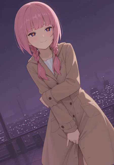 safe_pos, masterpiece, best quality, sleepyfrippystyle, (((1girl))), solo,

((kaf \(kamitsubaki studio\), kamitsubaki studio, 1girl, multicolored eyes, blue eyes, red eyes, yellow eyes, pink hair, long hair, blunt bangs, sidelocks, low twin braids, brown trenchcoat, trenchcoat only))

walking, dynamic pose, smile, blush, covering self with trenchcoat,

outdoors, love hotel background, night time,