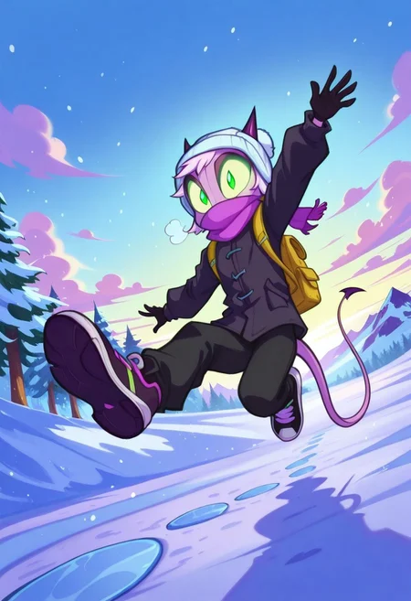 Dreamkeepers,1girl,Prelude_Namah,solo,demon tail, green eyes, horns,
child,
sky, shoes, solo focus, day, black gloves, pants, cloud, bag, scarf, black footwear, arm up, tree, blue sky, coat, black jacket, dutch angle, white headwear, black pants, from below, backpack, helmet, cloudy sky, outstretched arms, outstretched arm, sneakers, nature, breath, scenery, snow, puffy long sleeves, forest, ice, black coat, jumping, snowing, mountain, beanie, covered mouth, winter clothes, flag, winter, shoe soles, bare tree, winter coat, snowman, footprints, pine tree,