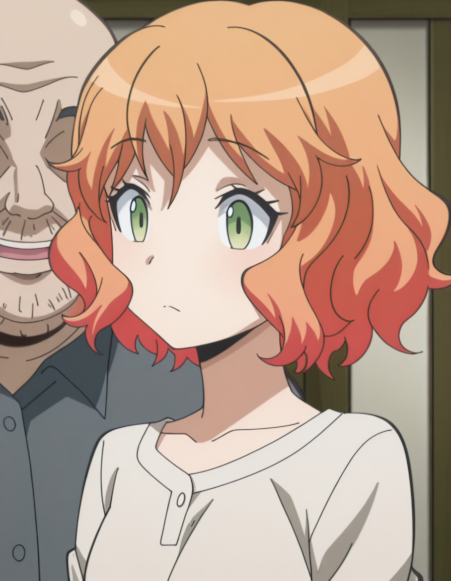 masterpiece, best quality, amazing quality,, <lora:hinano-kurahashi-s1s2-illustriousxl-lora-nochekaiser:1>, hinano kurahashi, short hair, bangs, green eyes, orange hair, wavy hair, mature female, small breasts, anime screencap, <lora:faceless-ugly-man-illustriousxl-lora-nochekaiser:1>, faceless ugly man, faceless, ugly man, fat, faceless male, fat, bald, mature male,,