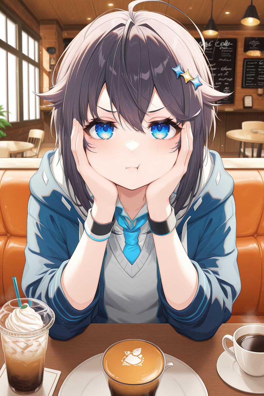 1girl, SorahoshiKirameNijisanji, 
general, solo, pov across table,
short hair, black hair,
eyelashes, blue eyes, 
sparkle_hair_ornament,
blue jacket, hooded jacket, long sleeves, wristband, 
collared shirt, blue necktie, 
grey sweater, 
blue skirt, pleated skirt,
dating, sitting, face in hands, pout,
looking at viewer,
indoors, cafe, cup,
<lora:kp_SorahoshiKirameNijisanji1stCostumeIllustrious_v1_0:1.0>,
masterpiece, best quality, amazing quality