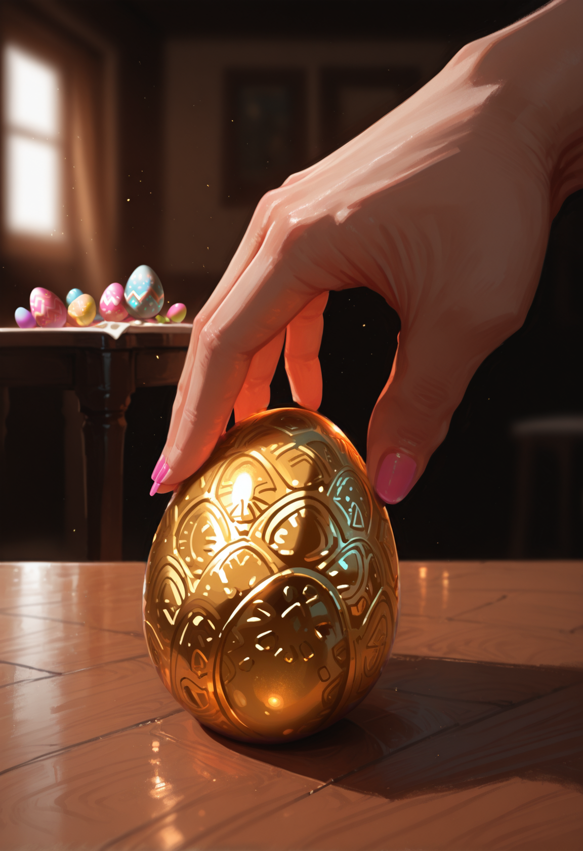 pov, holding, hand focus, pov hand, blurry, out of frame, 1girl, fingernails,  nail polish, blurry background, , easter eggs, table,, <lora:Detailer_NoobAI_Incrs_v1:0.75>, masterwork, masterpiece, best quality, dynamic lighting , dynamic pose,,  dynamic angle, , ,  (lineless:1.2), detailed, depth of field, dynamic lighting, blurry, (cheekbones:0.85), (realistic:1.2)
adult, aged up,