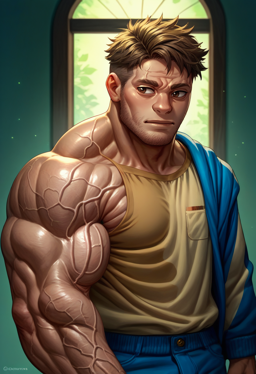 score_9, score_8_up, score_7_up, coomer, uneven muscles, 1boy, muscular, veins, veiny arms, cowboy shot, short hair, biceps, sidepec, <lora:Coomer_pdxl_Incrs_v1:1>,