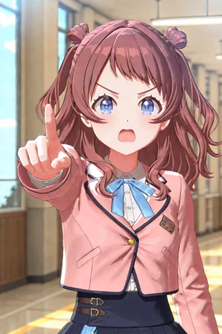 shiny skin, posing, 
<lora:gaku3d.il:1.0>,
gaku3d,
saki, 
pointing viewer, frown, open mouth, looking at viewer,