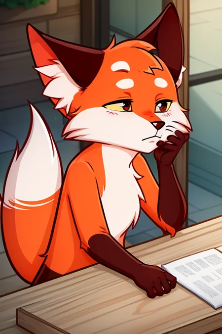 <lora:lisa-03:1> 1boy, :3, animal ear fluff, animal nose, blush, fox, fox ears, fox tail, furry, hand up, no humans, orange fur, outline, pappy, sitting, solo, tail, upper body, yellow sclera
sitting on the table, sleeping
