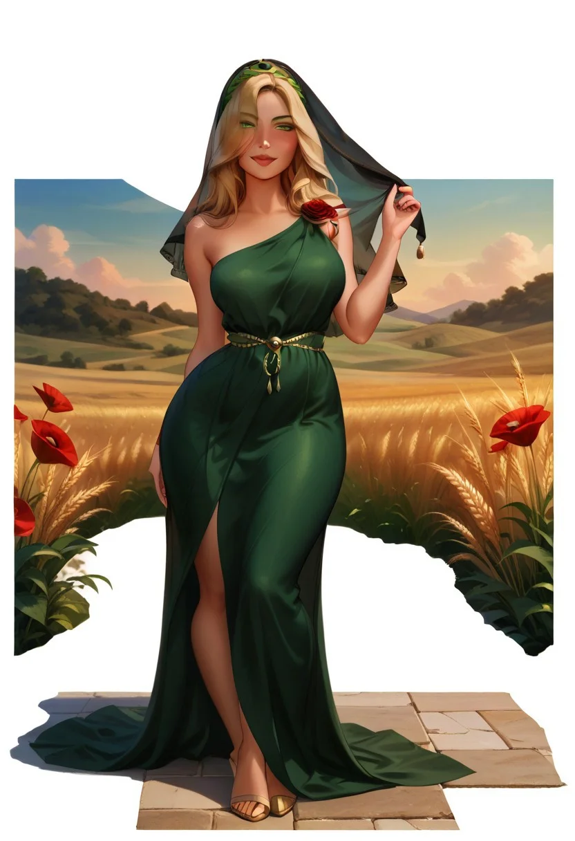 score_9, score_8_up, score_7_up, score_6_up, score_5_up, score_4_up, btimmsketch, cowboy Shot, Beautiful greek Goddess Demeter, brown skin, blonde hair, long hair, voluminous hair, ((earthy-green toga)), ((earthy-green greek clothes)), ((black veil over hair)), ((veil over hair)), ((golden wheats around head)), wide green eyes, 40yo, milf, voluptuous woman, kind woman, large breasts, wide hips, full lips, curvy, chubby. Beautiful face and body. majestic attitude. Full Body, flashing thighs, holding curved sickle. ((Red poppies on floor)). Pin-up pose, sexy, white borders, wheat field background:1.2