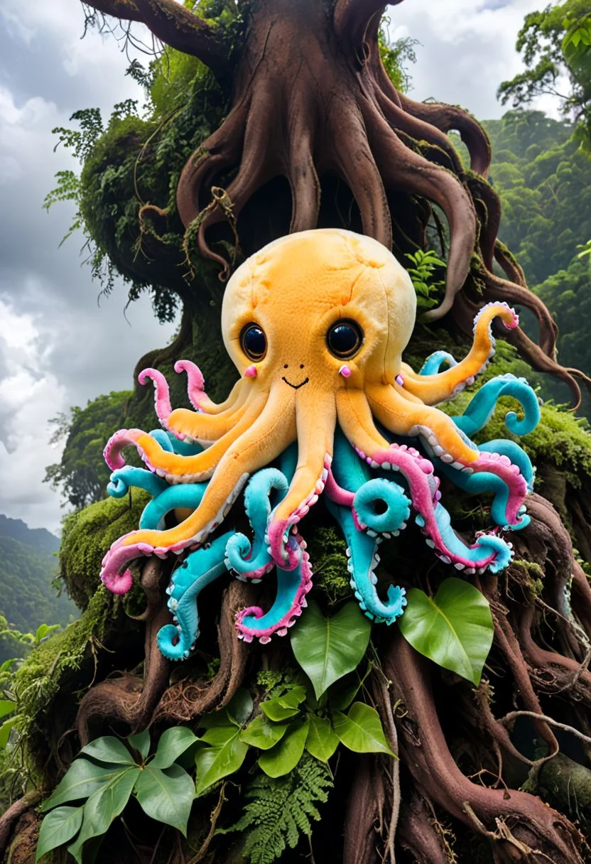 stuffed animal, cute colourful octopus, in the jungle, on the roots under giant three, amazing scene, breathtaking image, little clouds, plushify