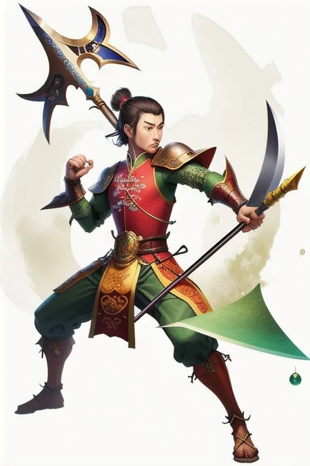 Guan Dao, A type of Chinese, polearm, that featured a large blade shaped like a crescent moon,
Medieval looking weapon, MagicItem_v1, Hand grip,