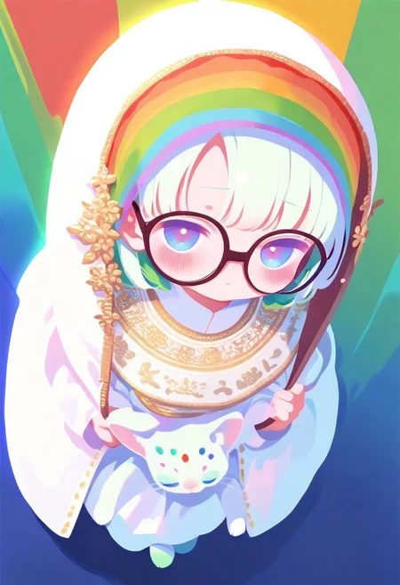 masterpiece, best quality, good quality, very awa, very aesthetic, absurdres, newest, (Perfect details),(****), 1girl, solo, green hair, shy, glasses, ornate clothing, holding cat, (face focus, cat focus):2, full body, foreshortening, perspective, dynamic angle, rainbow fur, white hair, solid color background, haiz_ai, no lineart,no outline
