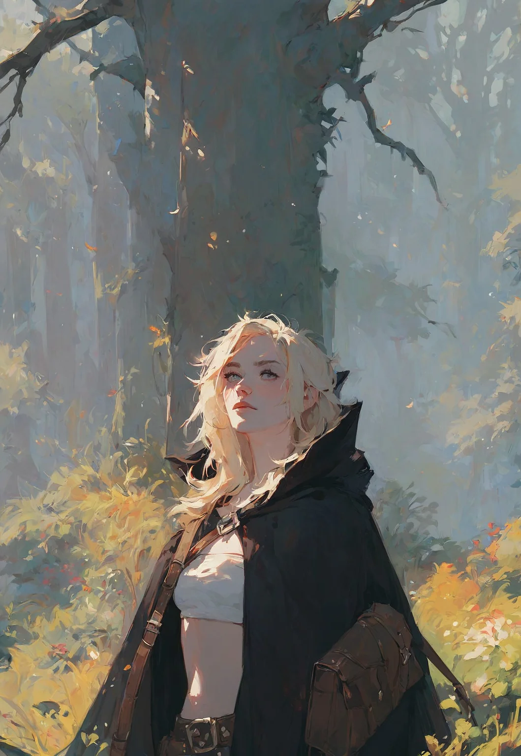 score_9, score_8_up, score_8_up, fantasy, human female, (forest background:1.1), blonde hair, messy hair, tube top, black cloak, (shoulder bag:1.1)