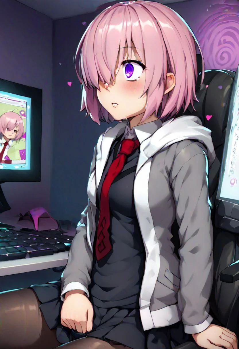 score_9, 4k, highly detailed, anime style, Mash being brainwashed by a computer,
hypnosis, blank eyes, mind control, slack expression, computer screen, hypnotic screen saver, gaping at screen, wide eyes, drooling, chair, slumped in chair, looking at computer, arms slack, leaning back, solo, facing computer, side view, masturbating,
purple eyes, pink hair, short hair, hair over one eye
Mash_Def, glasses, short dress, black dress, black skirt, necktie, red necktie, wing collar, jacket, open jacket, hooded jacket, grey jacket, hood down, black pantyhose