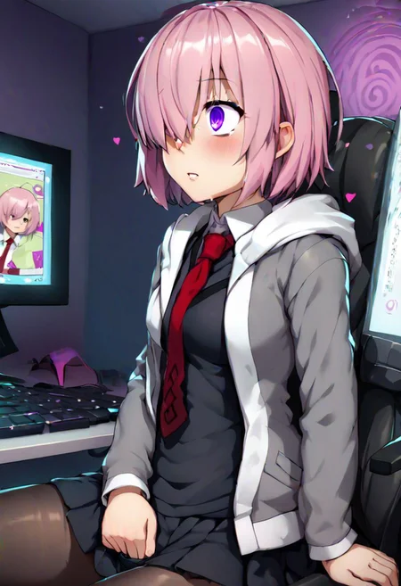 score_9, 4k, highly detailed, anime style, Mash being brainwashed by a computer,
hypnosis, blank eyes, mind control, slack expression, computer screen, hypnotic screen saver, gaping at screen, wide eyes, drooling, chair, slumped in chair, looking at computer, arms slack, leaning back, solo, facing computer, side view, masturbating,
purple eyes, pink hair, short hair, hair over one eye
Mash_Def, glasses, short dress, black dress, black skirt, necktie, red necktie, wing collar, jacket, open jacket, hooded jacket, grey jacket, hood down, black pantyhose