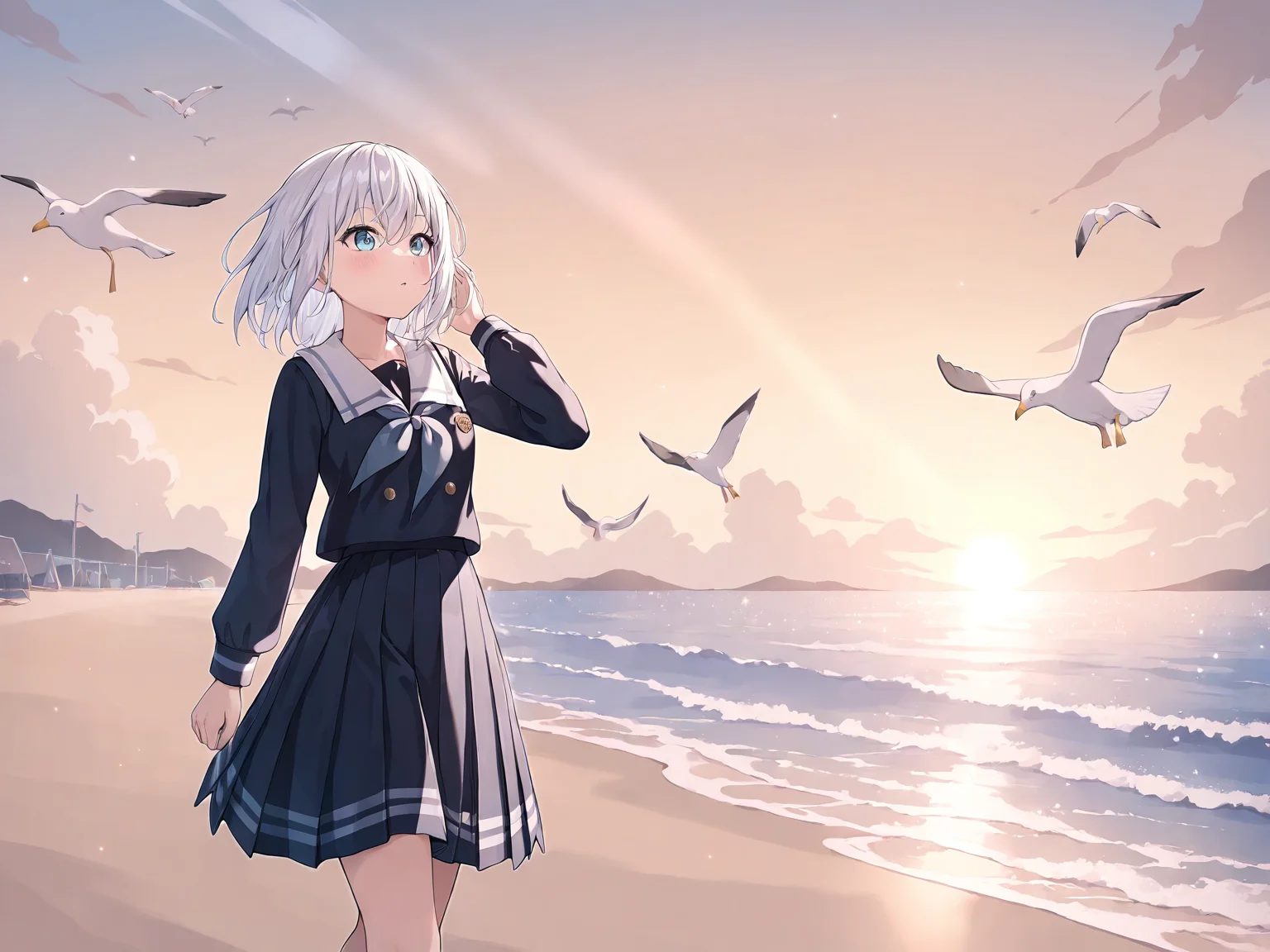 masterpiece,newest,absurdres,best quality,1girl,solo,kurata mashiro,kurata mashiro uniforms,white hair,blue eyes,school uniform,black serafuku,pleated skirt,sailor collar,blue skirt,outdoors,<lora:Kurata Mashiro3:0.6>,sky,cloud,beach,walking,hand up,seagull,