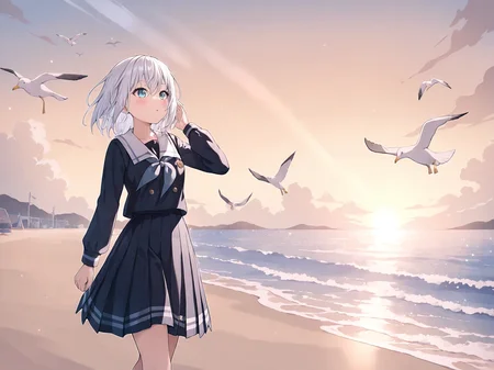 masterpiece,newest,absurdres,best quality,1girl,solo,kurata mashiro,kurata mashiro uniforms,white hair,blue eyes,school uniform,black serafuku,pleated skirt,sailor collar,blue skirt,outdoors,<lora:Kurata Mashiro3:0.6>,sky,cloud,beach,walking,hand up,seagull,