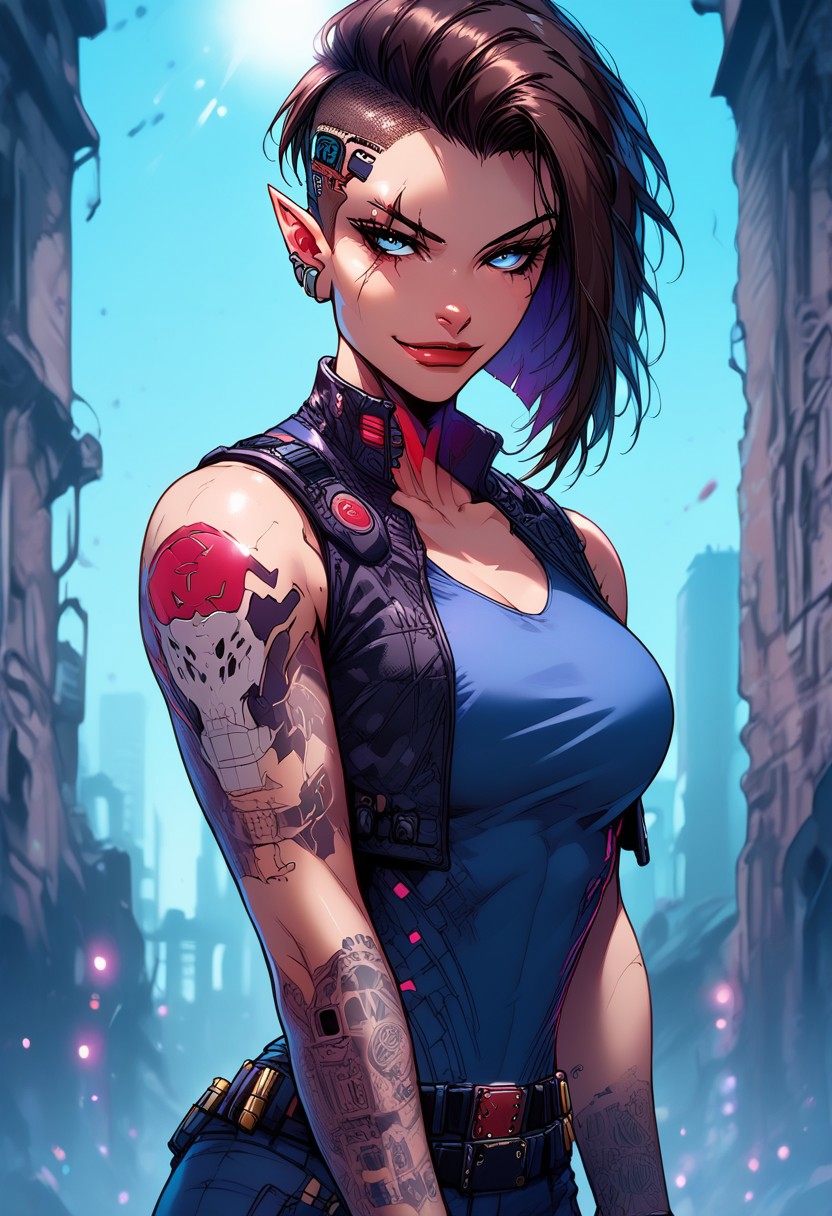 score_9, score_8_up, score_7_up, score_6_up, score_5_up, masterpiece, perfect face, perfect hands,perfect eyes, high quality, 
side stance dynamic pose, (1Big scar over one eye and eyebrow down to cheek:2,0), evil look in the eyes,standing,  looking at viever, 
athletic build, 1dark elf girl, black brown skin color, long side cut,(long elf ears:3,0), short spiky hair,  hair color mix white and copper red,  breasts, (1sleeve Tattoo: 1,0) blue eyes, 
cargo pants, white V cut t-shirt, (( bullet proof vest)),  sneakers, 
knee pads, tactical glowes, utility belt, bandolier, on neck small barcode tatto, (huge bulky cybernetics on head:3,0), steel plate on head,
smirk, cheerful, 1 silver tooth,
cybernetics only on head, 
cyberpunk,
BREAK 
urban sci-fi,  light rays,  windows, city ruins, city ruins, warzone, street, , (burning building:2,0),  
 ais-rmr,easynegative,