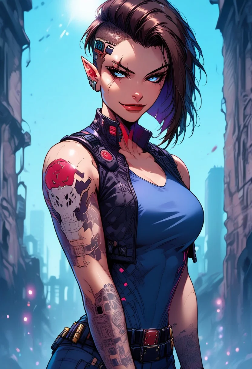score_9, score_8_up, score_7_up, score_6_up, score_5_up, masterpiece, perfect face, perfect hands,perfect eyes, high quality, 
side stance dynamic pose, (1Big scar over one eye and eyebrow down to cheek:2,0), evil look in the eyes,standing,  looking at viever, 
athletic build, 1dark elf girl, black brown skin color, long side cut,(long elf ears:3,0), short spiky hair,  hair color mix white and copper red,  breasts, (1sleeve Tattoo: 1,0) blue eyes, 
cargo pants, white V cut t-shirt, (( bullet proof vest)),  sneakers, 
knee pads, tactical glowes, utility belt, bandolier, on neck small barcode tatto, (huge bulky cybernetics on head:3,0), steel plate on head,
smirk, cheerful, 1 silver tooth,
cybernetics only on head, 
cyberpunk,
BREAK 
urban sci-fi,  light rays,  windows, city ruins, city ruins, warzone, street, , (burning building:2,0),  
 ais-rmr,easynegative,