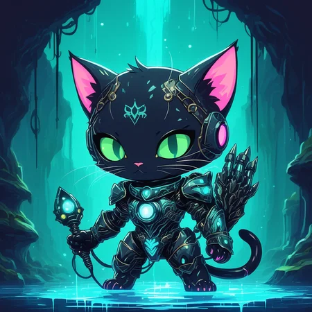 Abstract style  <lora:Meowpocalypse:1> meowpocalypse,In a cavern illuminated by a pool of glowing, irradiated water, a chibi cat wearing exoskeletal armor tinkers with a drone, its mechanical paw deftly connecting wires while its biological eye gleams with focus. The scene is shot from a low angle, emphasizing the cathedral-like arches of the cavern above, where stalactites drip neon green. The soft, pulsing light of the water reflects off the catâs armor, painting the scene in an eerie, ethereal glow that contrasts with the sharp metallic edges of its technological surroundings. . Non-representational, colors and shapes, expression of feelings, imaginative, highly detailed