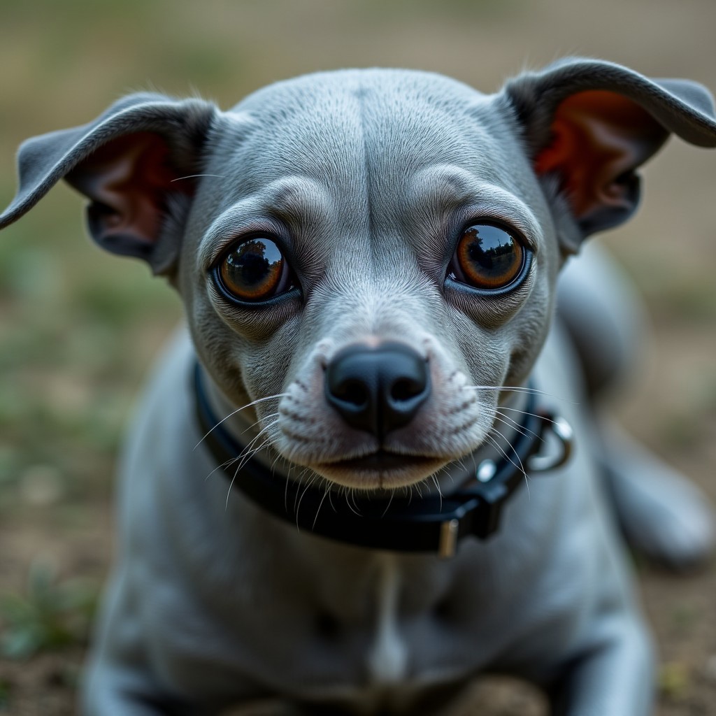 A cyberpunk dog with detailed camera eyes, metallic fur, but some real life dog parts visible