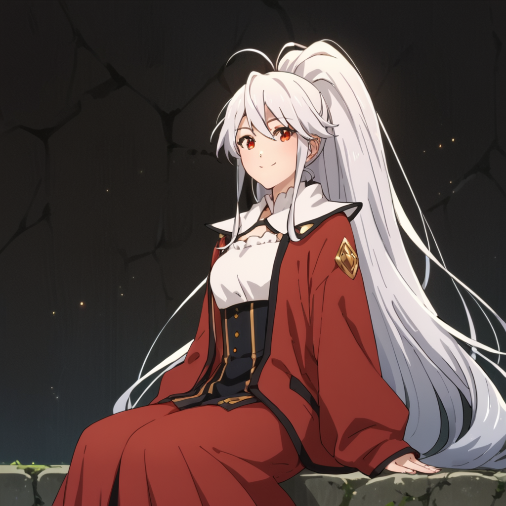 score_9, score_8_up, score_7_up, score_6_up, score_5_up, score_4_up, source_anime,  Irisphilia, red eyes, very long hair, ponytail, white hair smile, sitting
