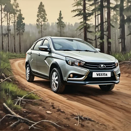 a painting of lada_vesta_sw on dirt road, forrest on background <lora:lada_vesta:0.8>