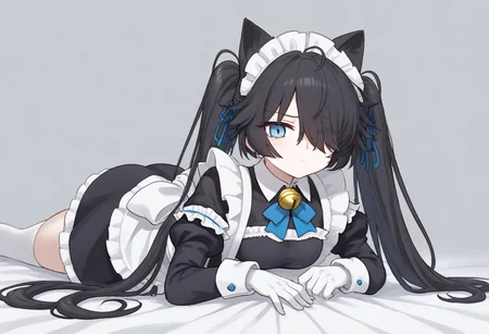 (Maid-kasli), solo, white gloves, dress, hair over one eye, maid apron, blue eyes, twintails, cat ears, maid headdress, maid, gloves, 1girl, apron, juliet sleeves, long sleeves, long hair, black hair, animal ears, bell,(Fall down),