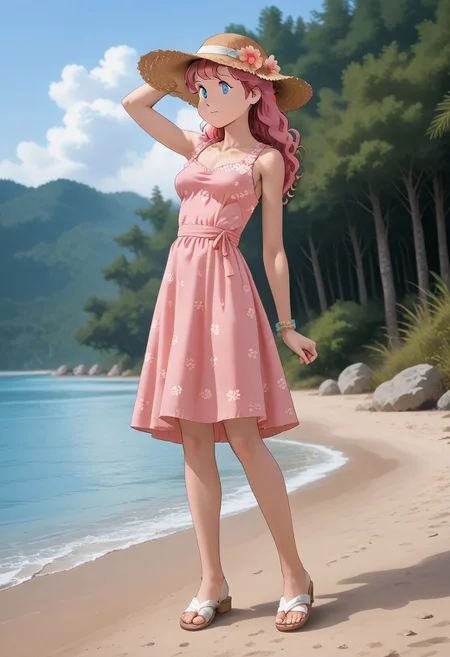 score_9_up, score_8_up, score_7_up, score_6_up, masterpiece, best quality, high quality, newest, highres, cote_style, 1girl, pink hair, long hair, blue eyes, medium breasts, summer dress, sandals, hat, outdoor, river