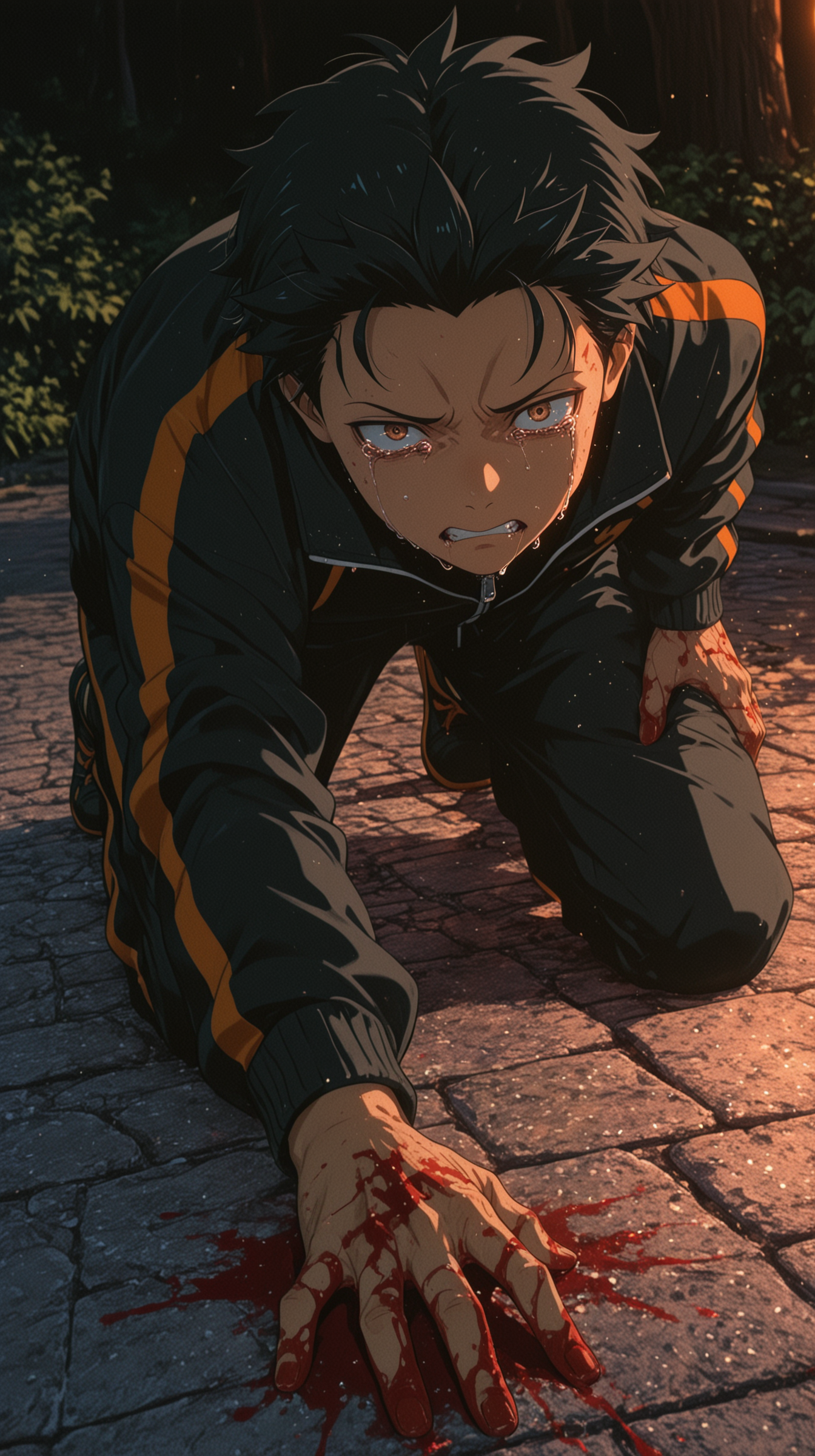 masterpiece, best quality, (anime coloring:1.2),
solo, 1boy, natsuki subaru, black hair, spiked hair, loose hair strand, brown eyes, detailed eyes, track jacket, black jacket, (white trim), orange trim, track pants, black pants, orange trim, black sneakers, crying with eyes open, tears, bloody hands, blood on hands, blood, blood on floor, kneeling, feet together knees apart, hand on thigh, pained expression, clenched teeth, grimace, hands on ground, blood trail, cobblestone ground, outdoors, trees, plants, dramatic lighting, intense shadows, high detail, expressive, glowing tears, orange lighting, side lighting, rim lighting, emotional, looking at viewer