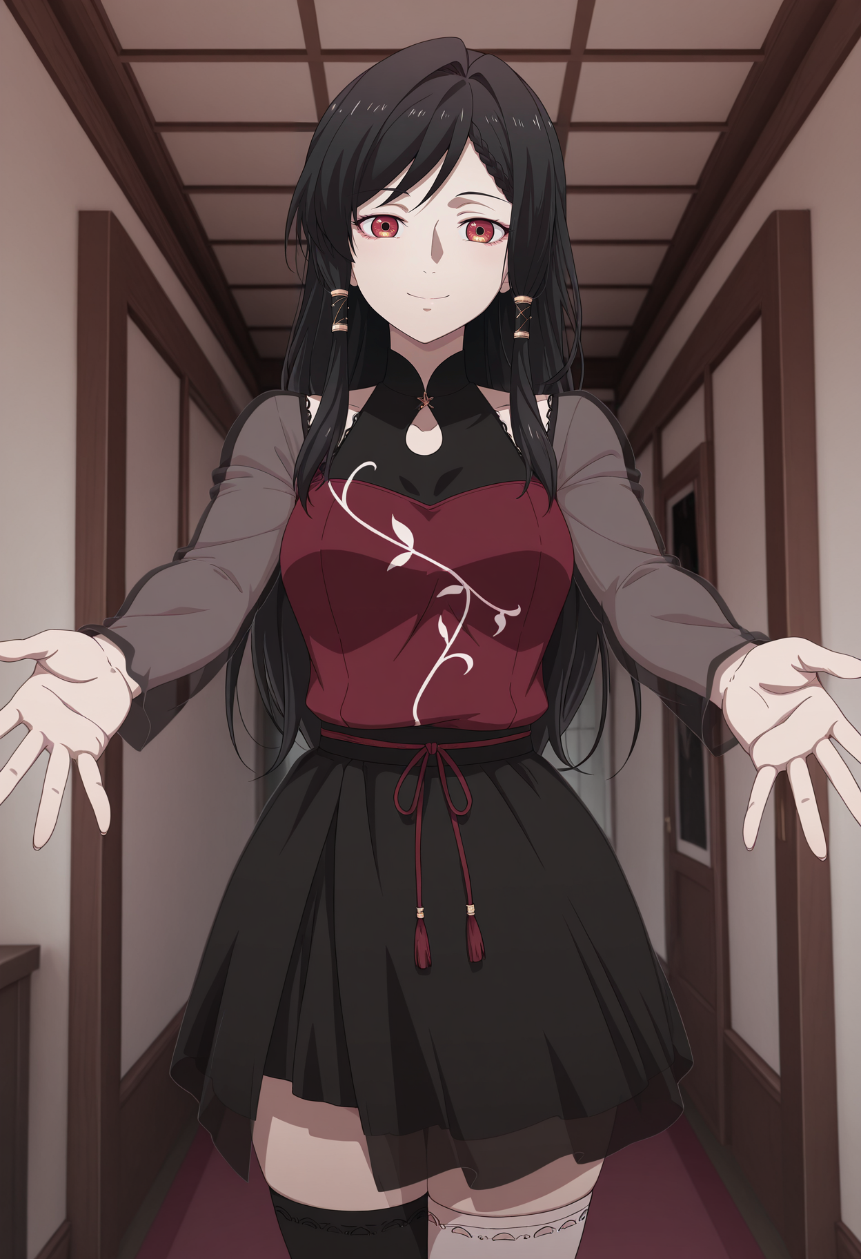 1girl,solo,mm,mature female,black hair,long hair,bangs,red eyes,hair tubes,braid,anime coloring,
dress,long sleeves,black skirt,thighhighs,see-through sleeves,looking at viewer, smile,indoors,outstretched arms, 
,masterpiece,best quality,amazing quality,<lora:Aiyou_Xu-Aiyou_de_Mishi:0.8>