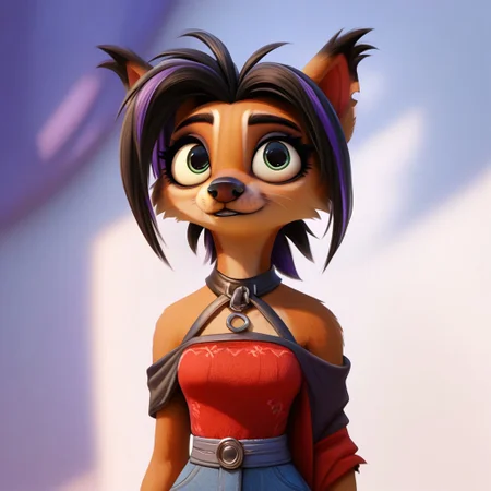 digital_media_(artwork) hi_res, score_9, score_8_up, score_7_up, score_6_up, score_5_up, score_4_up, rating_safe, beautiful, intricate, high quality details, highly detailed, amazing quality, anthro, furry, female, detailed textured fur, fur tufts, fluffy, cute, cute face, small, detailed sexy eyes, solo, SFW, dingo, expressive, sassy, long sleeveless halter neck sweater, baggy denim pants, clothed slim, clothed slender, clothed skinny, multicolored hair, streaked hair, absurdres, highres, goth, heavy eyeliner, heavy eye shadow, breasts, fingerless gloves, sleeveless leather jacket, vivid colors, by zazush-una