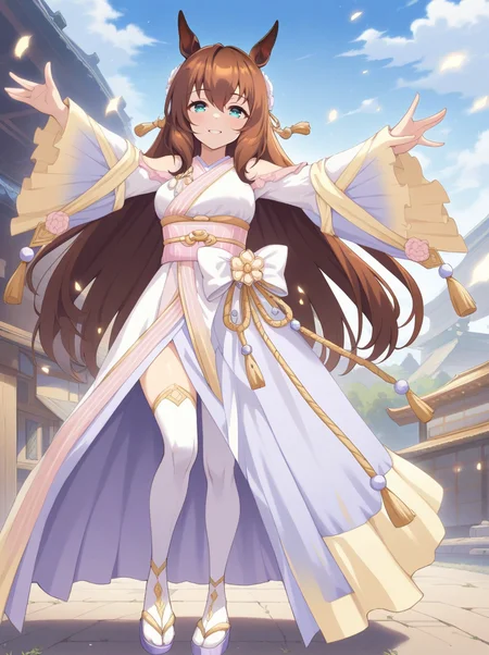 masterpiece, best quality,
maruzensky \(umamusume\), 1girl, horse ears, long straight hair, full body, smile, looking at viewer, outstretched arms, hair ornament, bare shoulders,  gold trim white thighhighs, light purple zouri, wide sleeves multicolored kimono, shoulder cutout, pink obi, waist ribbon, new year clothes
outdoors,
 <lora:SDXL_maruzensky_ver1.0:0.7>