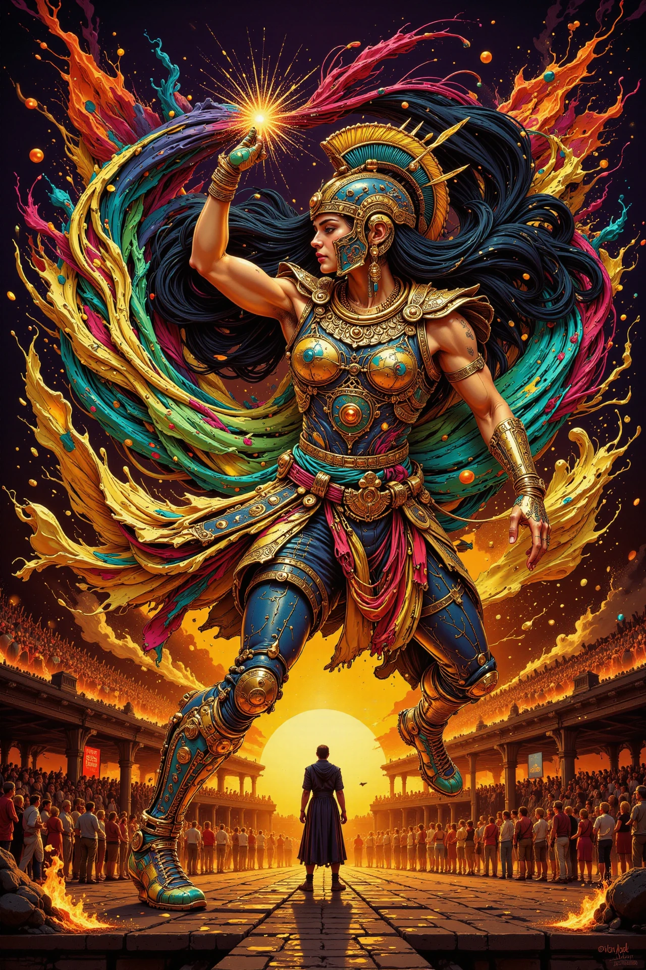 coliseum fight, golden hour, woman, very intricate, very detailed, sharp, bright, colorful, <lora:Hand v2:0.5> <lora:Anti-Blur:1><lora:Insane Detail Slider:0.25>  <lora:flux.1_lora_flyway_Epic-detail_v2:0.3> <lora:fluxenhancer:0.25> <lora:ck-Neon-Retrowave:0.4> ck-rw, in the style of ck-rw,  <lora:Neurocore Anime Cyberpunk:0.8> A digital artwork in the style of cknc