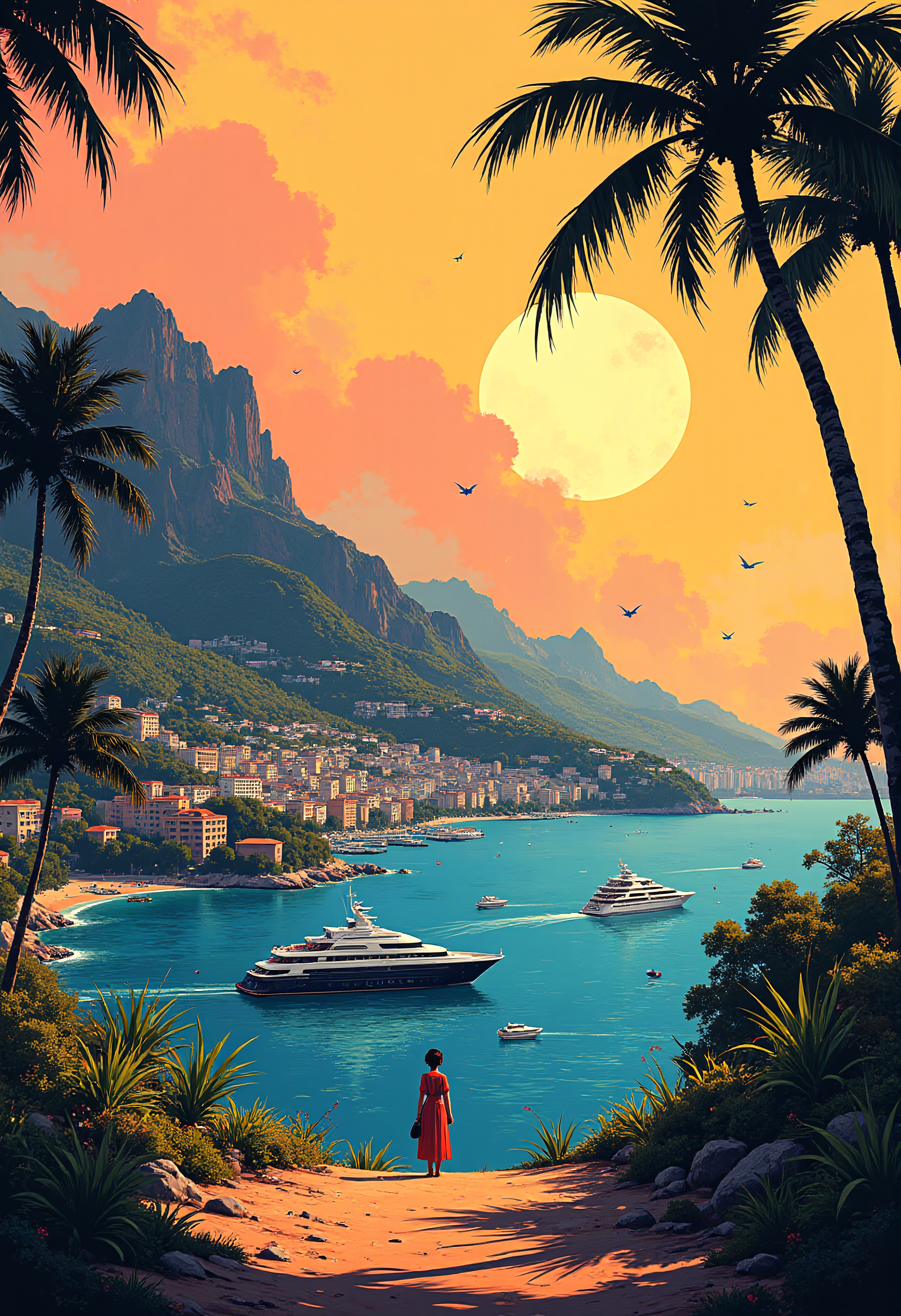 Vector Illustration, A sunny afternoon Monaco, colorful, vibrant glow