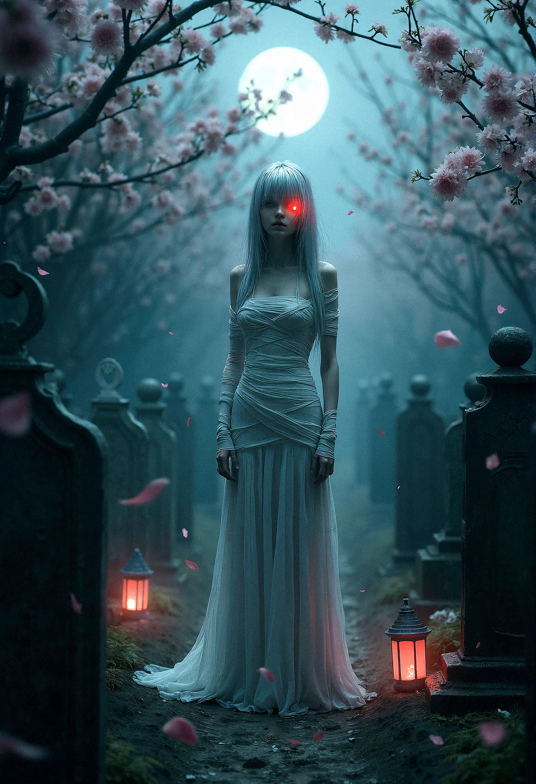 Photorealistic photography of an Ethereal bandaged figure with glowing eye A delicate female figure with silver hair, wrapped in white bandages, with a glowing red eye, standing in a stark, minimalistic environment. A peaceful cemetery with old, weathered gravestones, surrounded by mist and softly glowing lanterns.A tranquil grove filled with blooming cherry blossom trees, with petals gently falling to the ground.A dark, starry night with a full moon casting a gentle, silver glow over the scene.












