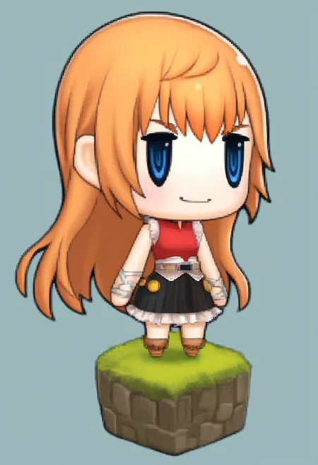 score_9, score_8_up, score_7_up,source_anime, 
reynn, 1girl, solo, skirt, long hair, sleeveless, blue eyes, frills, orange hair, boots, shirt, red shirt, belt, 1girl, solo, smile, closed mouth, ffpictlogicastyle, chibi, full body, faux figurine