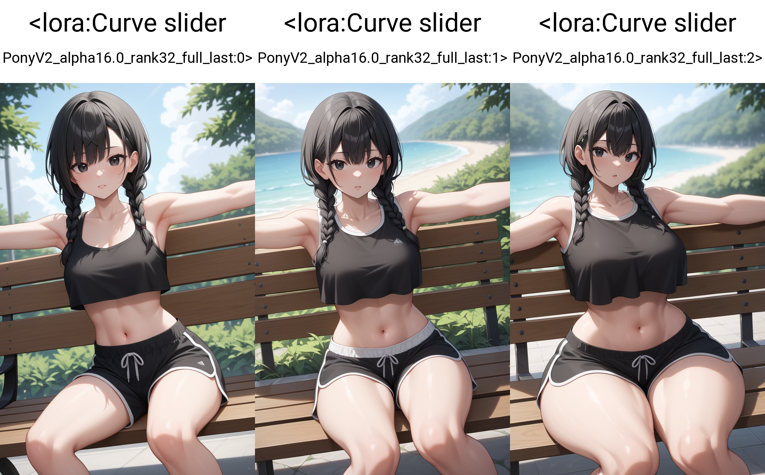 score_9, score_7_up, 1girl, black dress,  outdoors, twin braids, black hair, black eyes,  crop top, dolphin shorts, sitting, bench, spread arms,      <lora:Curve slider PonyV2_alpha16.0_rank32_full_last:0>