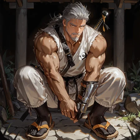 <lora:Eizan__Alchemist_Code-000002:.5>, 1boy, solo, tagatameeizan, bara, old man, muscle body, yellow eyes, long straight hair, silver hair, moustache, goatee, dougi, pants, socks, sandal, belt
(very short hair, beard, bara, mature, facial hair, stubble, beard, full beard, sideburn, beard, a lot of beard, ), facial hair,male focus, muscular male, muscular male, bara, mature,  bara, mature, aixiwuganda_(20222192), very awa, masterpiece, best quality, absurdres, newest, perfect quality, detailed background, intricate details,
<lora:slider_Body Type_alpha1.0_rank4_noxattn_last:3><lora:style_Anime Summer Days 2 Style SDXL_LoRA_Pony Diffusion V6 XL:.6><lora:slider_cfg_scale_boost:.7><lora:Artist6p:.55>, Artist6p, Artist04p,<lora:slider_il_brightness_slider_d1:-1><lora:slider_il_contrast_slider_d1:-1><lora:slider_DarkSlider1.2_alpha1.0_rank16_full_300steps:-.6>