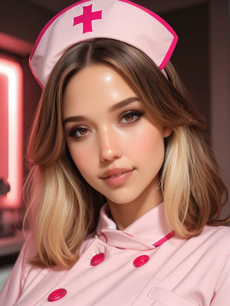 masterpiece, best quality, very aesthetic, dynamic lighting, realistic, 1 woman, solo, cinematic, <lora:JAlbDS:1> JAlbDS, brown hair, blonde streaks, brown eyes, looking at viewer, <lora:MoriiMee_Gothic_Niji_Style_Illustrious_r1:0.5> <lora:Beautiful_Girls_V4:0.5>, pink nurse, very expressive, suggestive, upper body