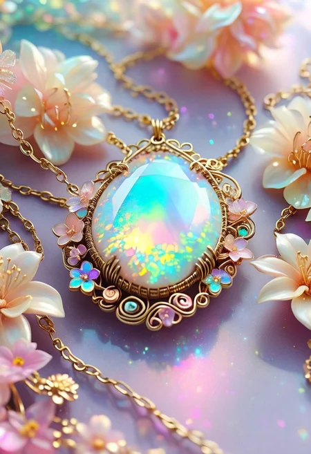 A beautiful pastel rainbow iridescent opal necklace with delicate gold wirework and glass beads, surrounded by flowers. A pastel, cute jewelry design with iridescent colors in soft lighting on a detailed fantasy background,