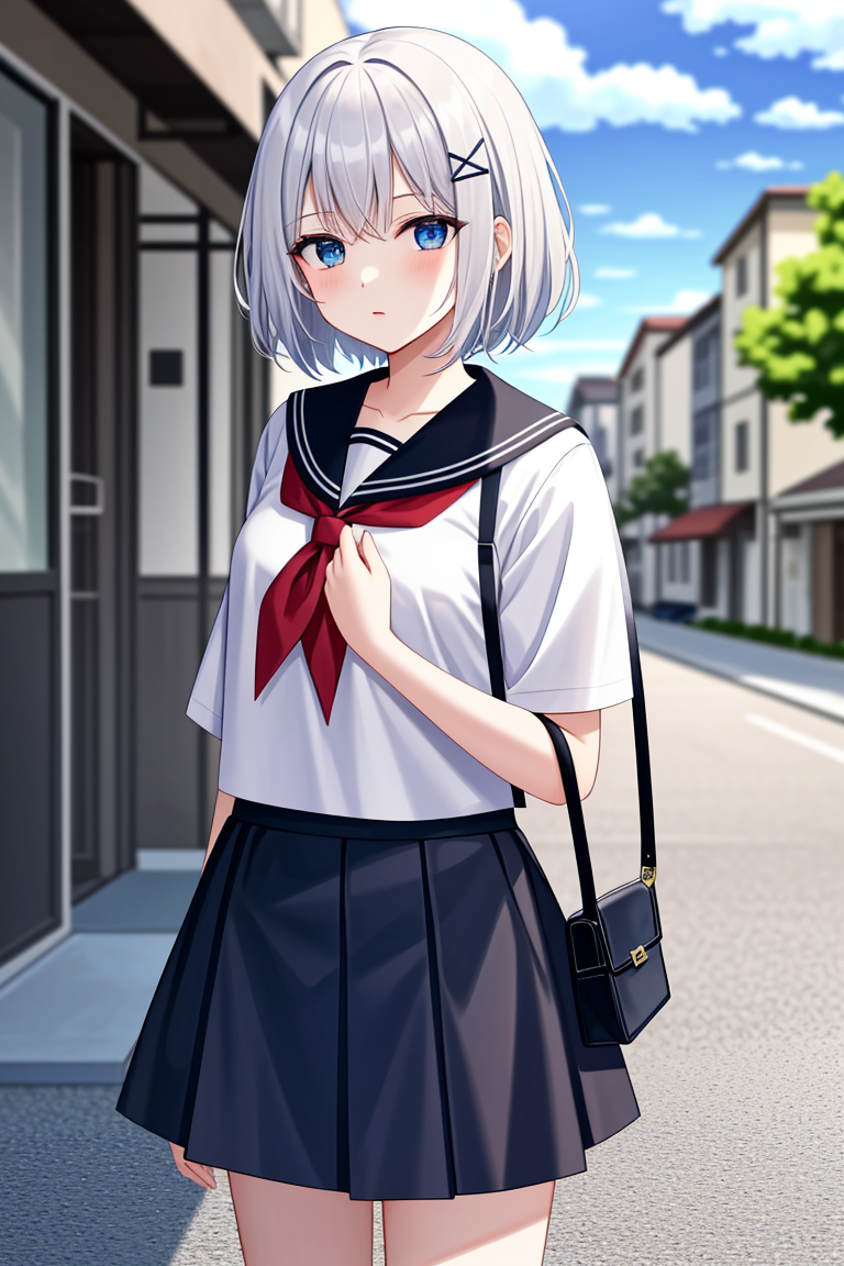 outdoors, detailed background, city, 
 <lora:SiestaV1.0-000001:1> siesta diad, 1girl, short hair, white hair, x hair ornament, blue eyes, neckerchief, serafuku, bangs, red bow, white shirt, skirt,, <lora:LCM_LoRA_Weights_SD15:1>