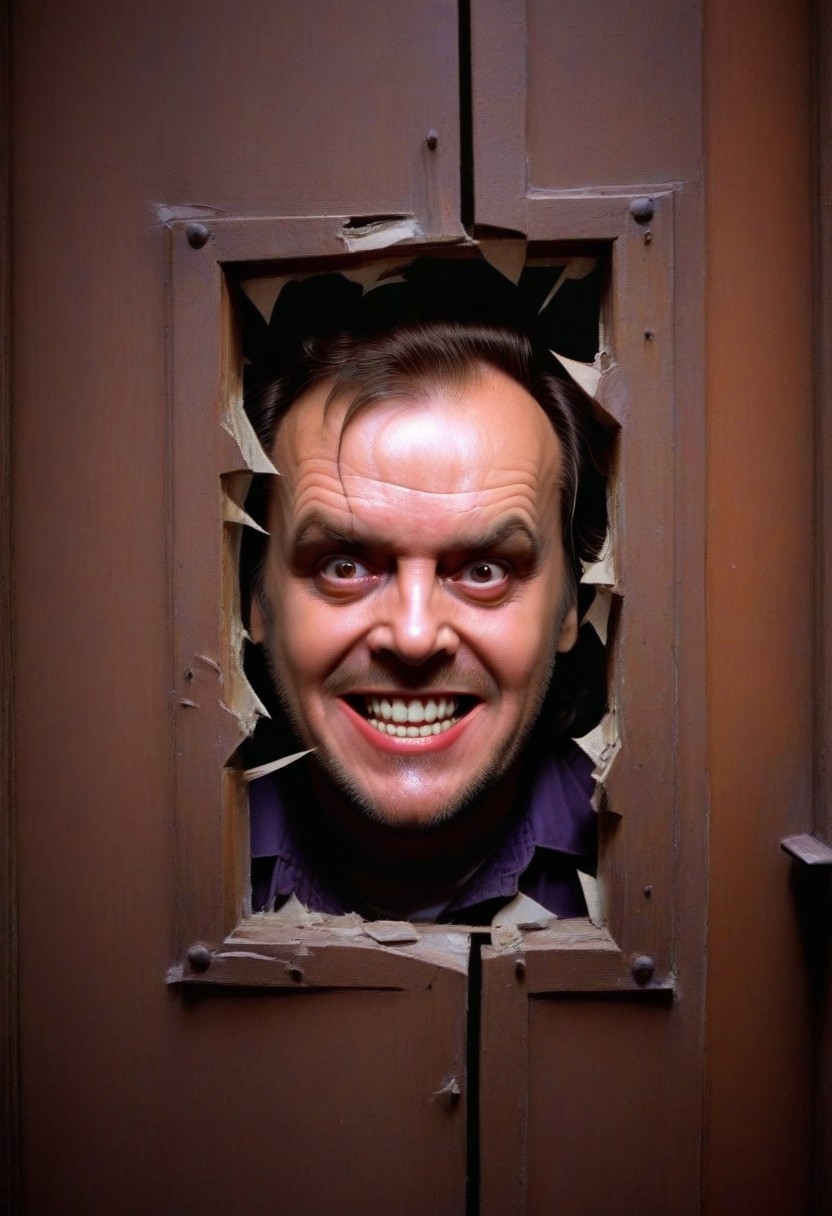 "here's johnny" text logo, looking through a broken door with a creepy smile, upclose Jack Torrance, 80s