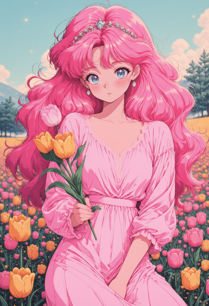 pinkretroanime, Depict spring illustrations with a soft color palette. A girl with long pink hair is very cute, princess dress, pink bow tiara, diamond necklace, earrings. With a dreamy look. She held a bunch of tulips in her hand. In the background is a colorful tulip field, and the soft, warm sun shines through the clouds. Shot up close, it gives a feeling of harmony and unity with spring nature.