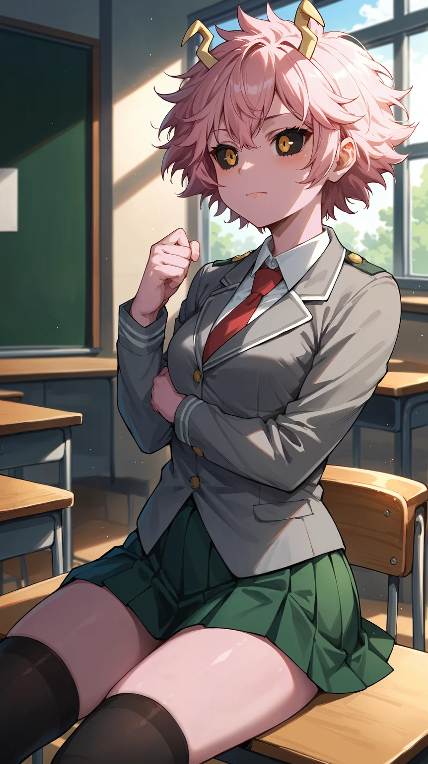 score_9,score_8_up,score_7_up,score_6_up, source_anime, zPDXL3, <lora:xl_more_art-full_v1:0.5>, girl, dynamic pose, relaxing, <lora:Mina Ashido (Pinky) - Pony-000004:0.8>, pink skin, short hair pink hair, horns, black eyes, yellow pupils, school uniform, red necktie, grey school uniform jacket, green pleated skirt, black thighhighs, classroom, school, light rays,