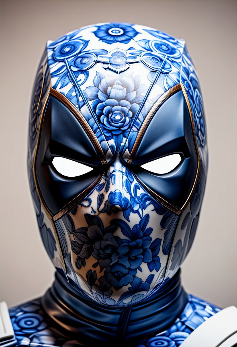end_delft_morph, solo, looking at viewer, male focus, mask, 1boy, upper body, straight-on, Deadpool made out of delft porcelain, white eyes, helmet, delft porcelain, made of porcelain, blue and white porcelain, delaware porcelain, best quality,  masterpiece