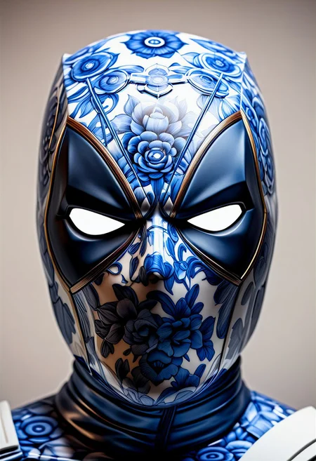 end_delft_morph, solo, looking at viewer, male focus, mask, 1boy, upper body, straight-on, Deadpool made out of delft porcelain, white eyes, helmet, delft porcelain, made of porcelain, blue and white porcelain, delaware porcelain, best quality, masterpiece
