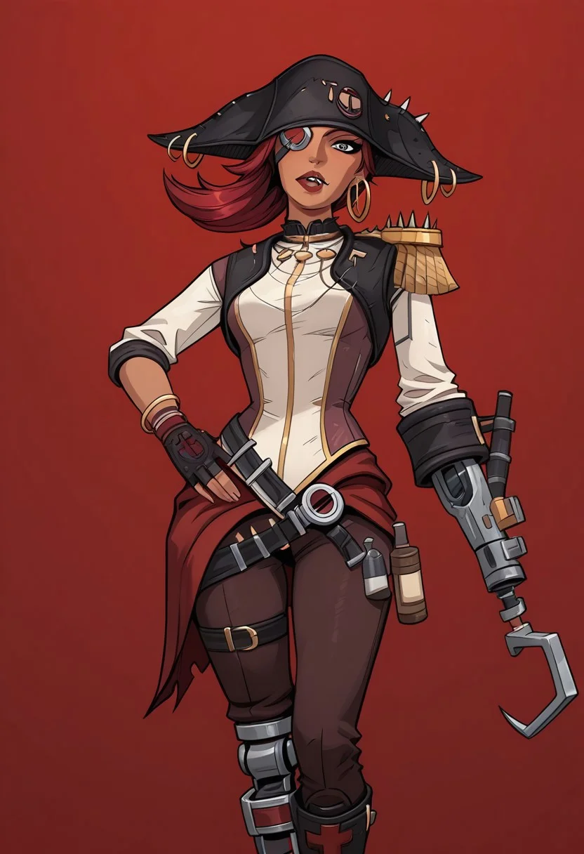 dynamic pose, 1girl, solo, slim,
SCARLETTBL2, long hair, jewelry, hoop earrings, eyepatch, pirate hat,, fingerless gloves, bracelet, mechanical hook hand, single mechanical arm,single mechanical leg, lip piercing, fully clothed, boots,,
BREAK,
masterpiece, extremely aesthetic, highly detailed,