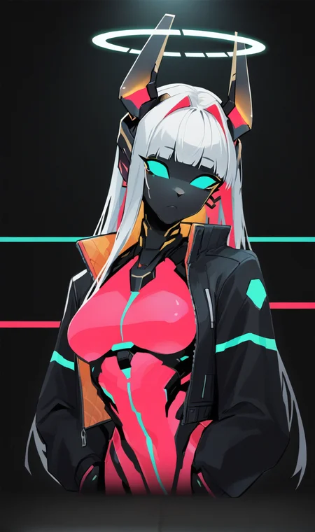 Score_9, score_8_up, score_7_up, score_6_up, source_anime, 1girl, solo, upper body, black backdrop, robot girl, neon trim, glowing red bodysuit, halftones, medium breasts, halo, glowing teal eyes, jackal ears, black jacket, dragon head, no pupils, long white hair, <lora:HORiZON_DOLLS_by_EchanisEnicha-000010:1>, BREAK,